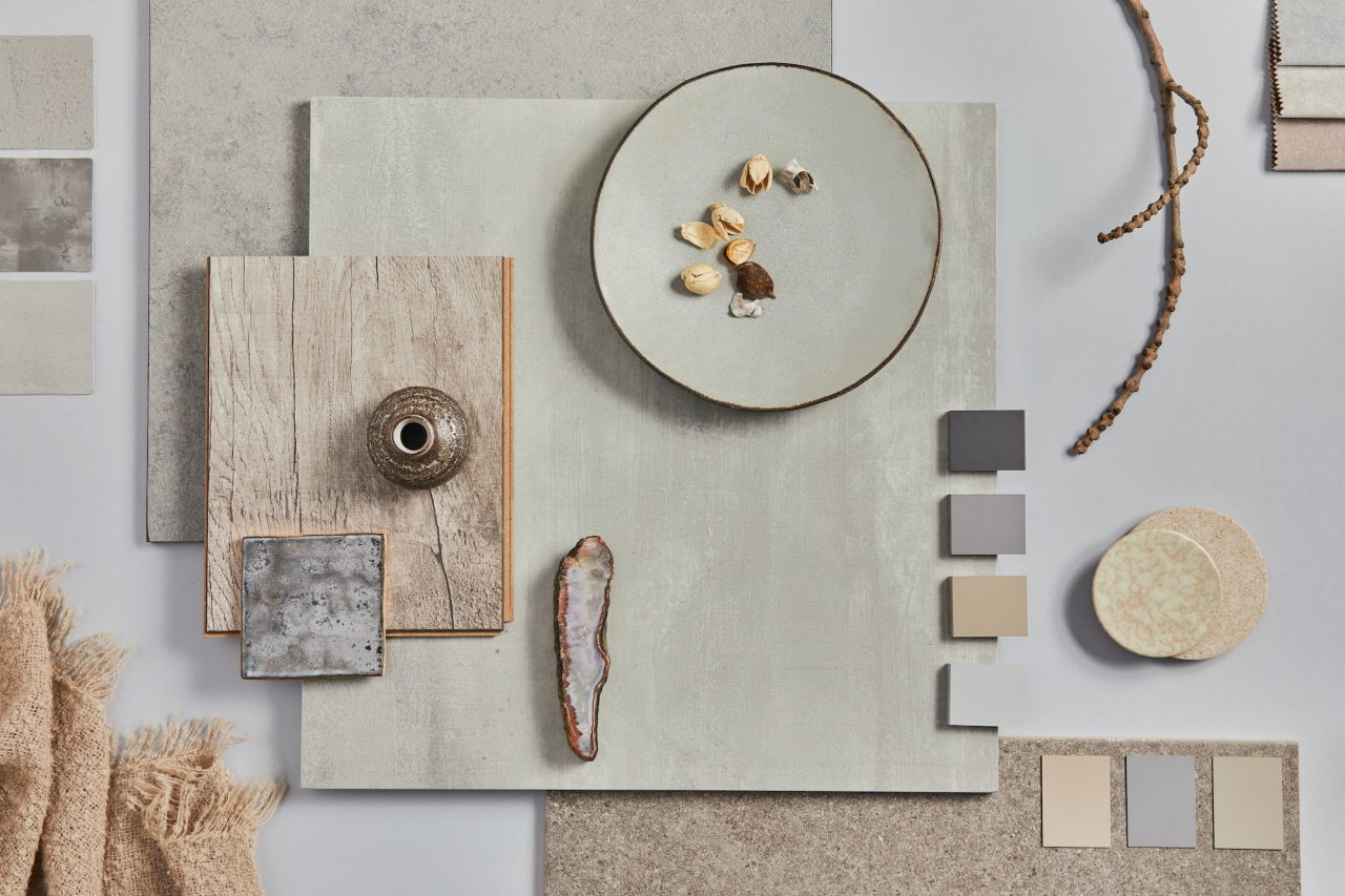 creative flat lay design of stylish beige architect moodboard composition